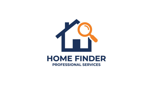 A professional home finder services logo features a house with a magnifying glass.