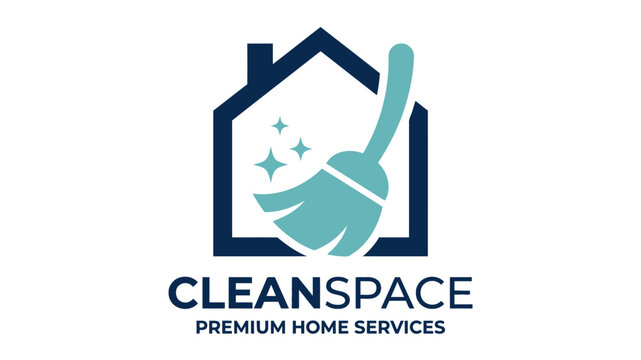 A cleaning service logo features a house with a broom and hand
