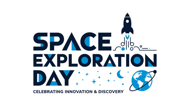 Space Exploration Day Logo with Rocket, Earth, Stars, and Moon