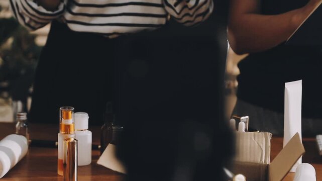 Diverse Beauty Bloggers Live Streaming Makeup Product Review on Social Media, Young Women Recording Video for Vlogging Channel with Ring Light, Friends Selling Cosmetic Products Online from Home