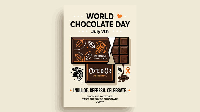 World Chocolate Day Celebration Poster with Premium Chocolate Bar and Cocoa Beans