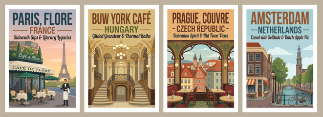 Naklejka premium Vintage style europe cafes travel poster set. Flat vector illustrations of paris sidewalk terrace with landmark tower, budapest palace, prague, and amsterdam canal.