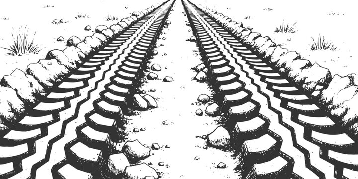 Hand drawn off road tire tracks going to the horizon in dirt desert terrain vector illustration.