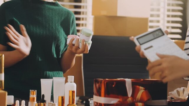 Diverse Beauty Bloggers Live Streaming Makeup Product Review on Social Media, Young Women Recording Video for Vlogging Channel with Ring Light, Friends Selling Cosmetic Products Online from Home