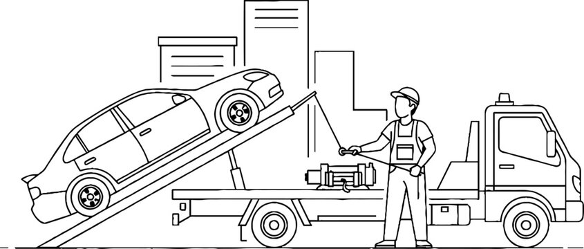 Mechanic towing damaged car on flatbed tow truck.