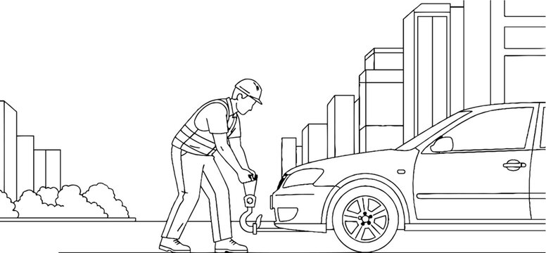 City worker fixing flat tire on urban street.