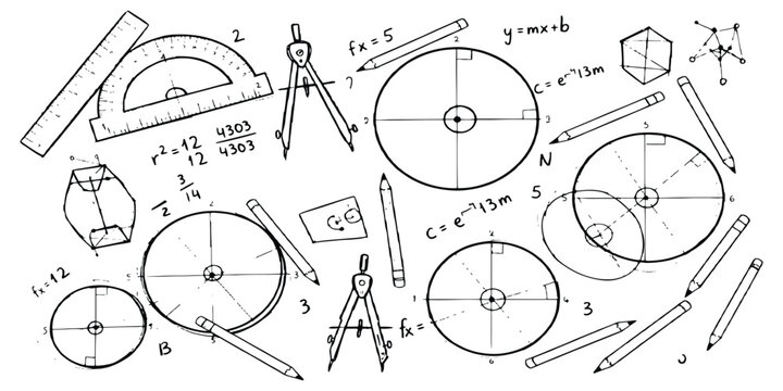 Geometry tools protractor compass ruler with math formulas and technical drawing elements vector illustration.