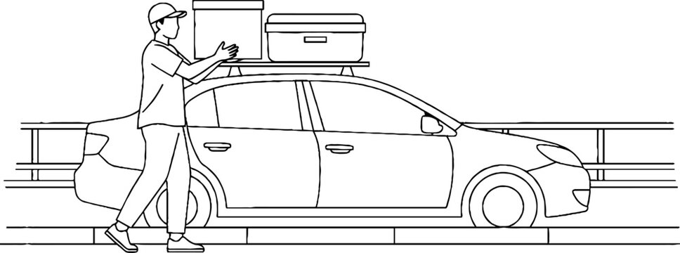 Person loading large roof box on car top outdoors.