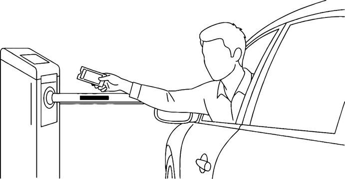 Man paying at automated parking ticket machine from car.