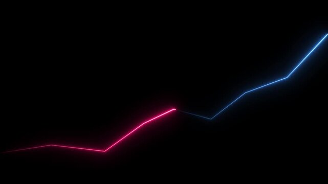 A striking neon line graph, transitioning from bright pink to electric blue, charts an upward trajectory across a dark black canvas, its sharp, geometric segments and luminous glow symbolizing