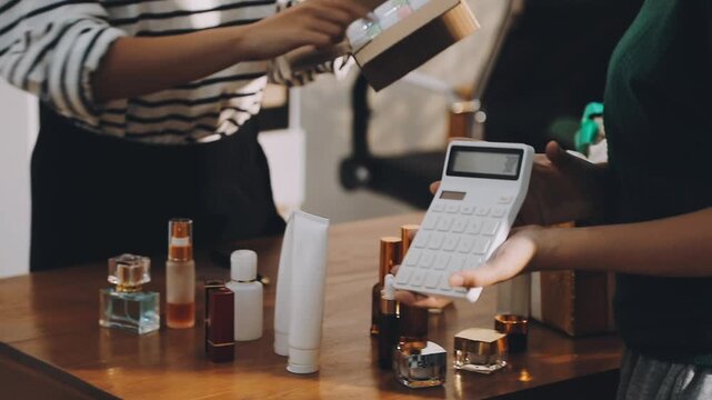 Diverse Beauty Bloggers Live Streaming Makeup Product Review on Social Media, Young Women Recording Video for Vlogging Channel with Ring Light, Friends Selling Cosmetic Products Online from Home