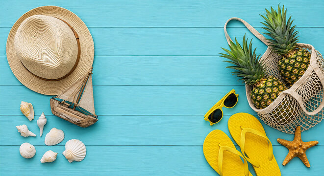 Summer vacation concept background with straw hat, pineapples, sunglasses and flip flops on blue wooden background with copy space