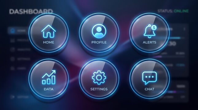 Dashboard interface with six icons.