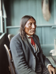 Obraz premium Early 1900s colorized portrait of a Native American man in an office