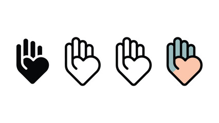 Fototapeta premium Collection of four graphic illustrations representing a hand forming a heart shape in various styles and colors