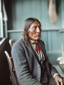 Early 1900s colorized portrait of a Native American man in an office