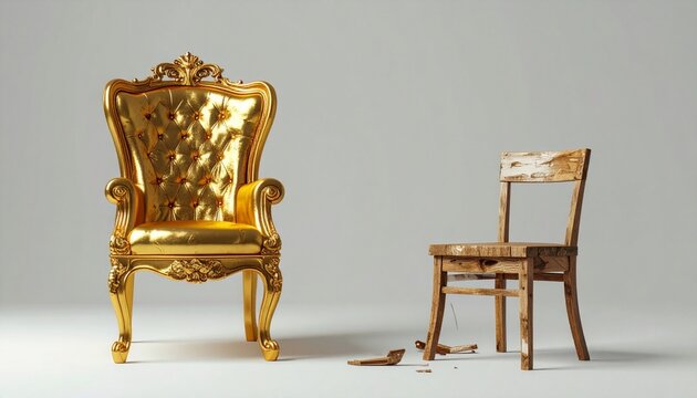 A Stark Representation of Wealth and Poverty Luxurious Gold Throne Beside a Dilapidated Wooden Chair