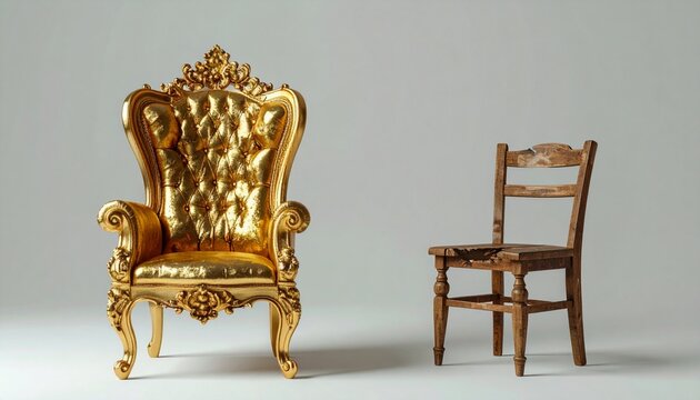 The stark contrast of opulence and humility represented by two distinct chairs
