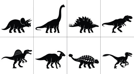 Black Dinosaur Silhouette Illustrations Featuring Triceratops Brachiosaurus Stegosaurus Tyrannosaurus Spinosaurus Parasaurolophus Ankylosaurus and Velociraptor © Niheranjan