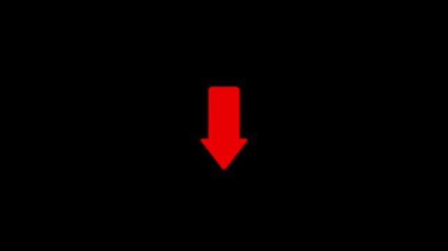 Red Arrow Pointer Icon Animation with Smooth Downward Bouncing Loop Motion on Isolated Plain Black Background, Pulsing red arrow animation on black background, for digital interface, with 4k video.