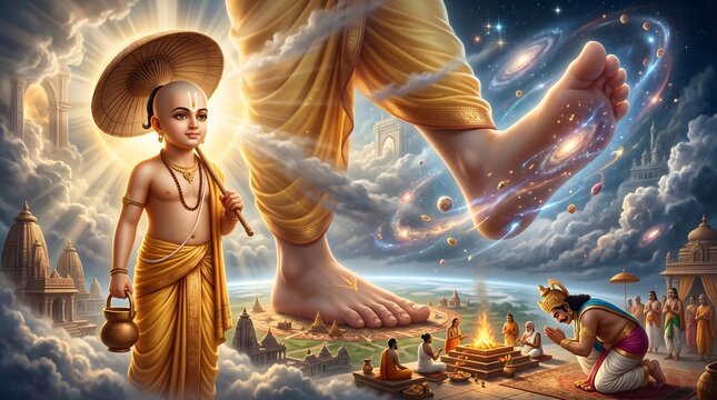 Vamana avatar of vishnu manifesting cosmic form during vedic ritual ceremony