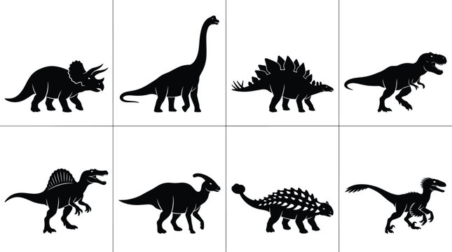 Black Dinosaur Silhouette Illustrations Featuring Triceratops Brachiosaurus Stegosaurus Tyrannosaurus Spinosaurus Parasaurolophus Ankylosaurus and Velociraptor