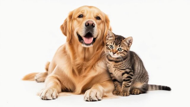 Golden retriever dog and tabby kitten sitting closely together on white background adorable pets