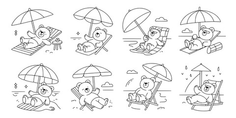 Fototapeta premium Umbrella Camping Icon Set with Cute Bear and Mouse Characters, Sunny Sky, Travel Luggage and Line Doodle Style