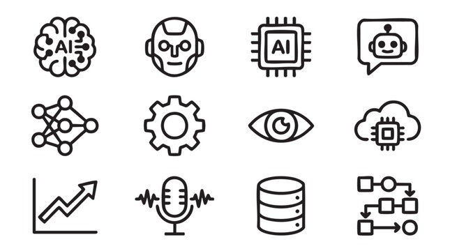 Artificial Intelligence Icons, AI Technology Symbols, Robotics Signs, Vector Graphics