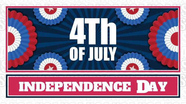 Independence Day Celebration Video, Looping 4K animation featuring bold 4th of July typography with patriotic rosette decorations and radiant starburst rays, ideal for holiday greetings, event screens