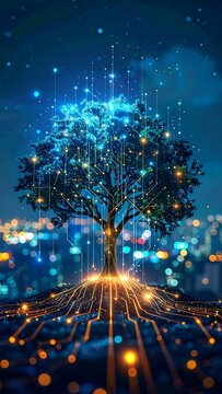 Illuminated tree with glowing circuit lines set against a cityscape