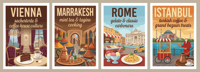 Obraz premium Vintage food and cafe travel poster set. Flat vector illustrations of vienna sachertorte coffee, marrakesh mint tea, rome carbonara, and istanbul treats.