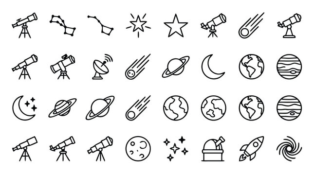 Collection of minimalistic astronomy line icons featuring telescopes, stars, planets, and celestial objects, perfectly ordered on a clean white background for science and education use.