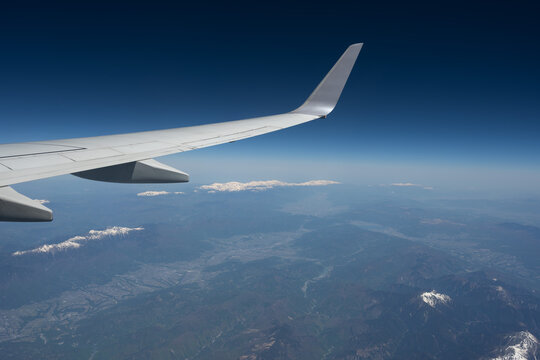 Aerial View of Three Japan Alps Mountains and Ina Valley with Airplane Wing