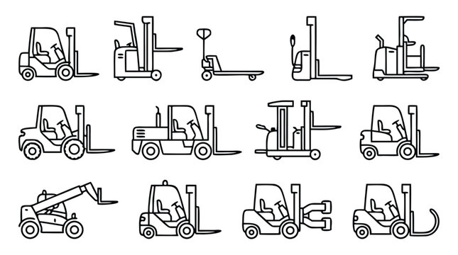 High-quality minimalist line icon collection of warehouse forklift trucks and industrial lifting machinery, designed for modern logistics applications and supply chain management concepts.