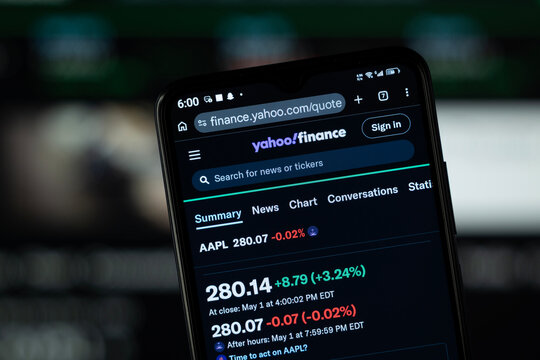 Dhaka, Bangladesh - 05 May 2026: Close-up of Yahoo Finance's homepage on a smartphone.