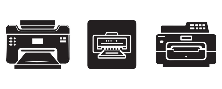 A set of three printer icons in a line art style