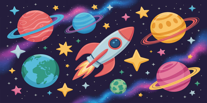 Cartoon vector illustration of a spaceship and rocket traveling through a galaxy universe background filled with planets, stars, and an astronaut exploring the cosmos