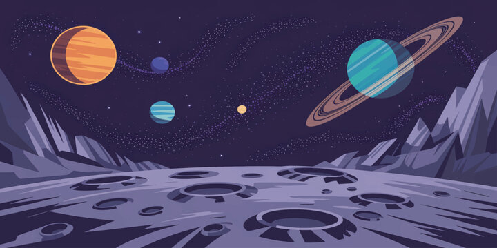 A cartoon vector illustration of a rocket spaceship and a UFO in the night sky universe travelling past the earth, moon, and stars during a cosmos space shuttle launch