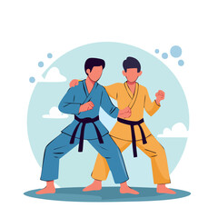 Fototapeta premium Two men in karate uniforms practicing martial arts
