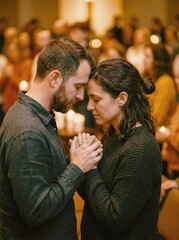 Fototapeta premium Couple in Intimate Prayer Moment During Church Service with Soft Candlelight