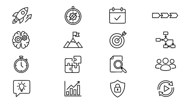 Strategic Business Vector Thin Line Icon Set Illustrating Product Roadmap, Software Release, Marketing Strategy, Project Planning, Milestones, Phases, and Calendar Scheduling for UI UX Design.