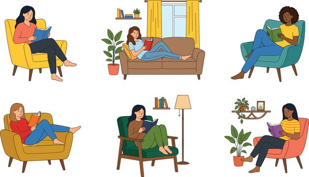 Set of diverse women reading books and relaxing on cozy armchairs and sofas at home in comfortable living rooms