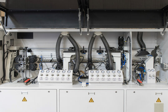 Pneumatic control panel of woodworking machine with pressure gauges
