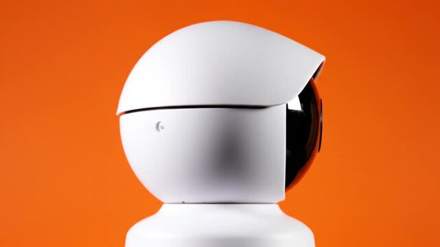 White smart security camera rotating on bright orange background.