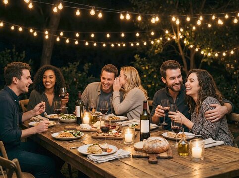 Friends enjoying dinner together under string lights at outdoor wooden table