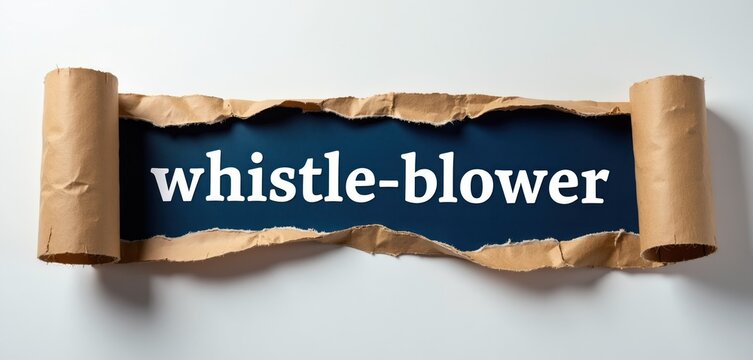 Torn paper reveals text whistleblower on dark background. Concept of corporate fraud expose or internal investigation. Information leak disclosure warning.