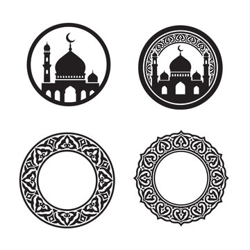 Decorative Islamic mosque symbols and circular ornamental frames