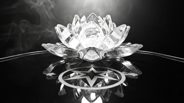 Mystical crystal lotus flower centerpiece reflecting pentagram on dark glossy surface with ethereal smoke