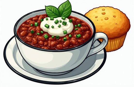 Hearty bowl of chili with creamy topping and fresh green onions sits next to fluffy golden cornbread. Warm comfort food meal, perfect for cold weather dining or casual gatherings.